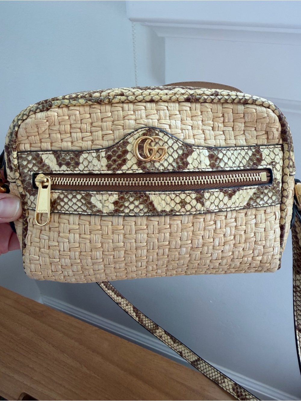 Gucci Ophidia Shoulder Bag Raffia with Snakeskin Mini